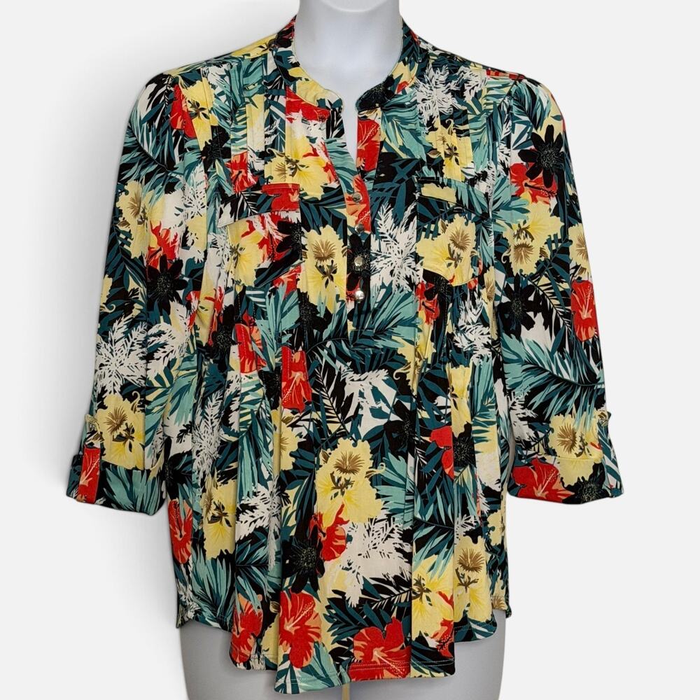 Cocomo Tropical Floral Pintuck Blouse XL V Neck 3/4 Sleeve Jersey Stretch NWT